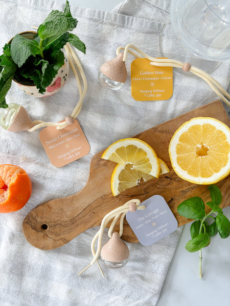 Wooden cutting board with lemon slices, a small plant, and hanging diffusers on a textured surface.