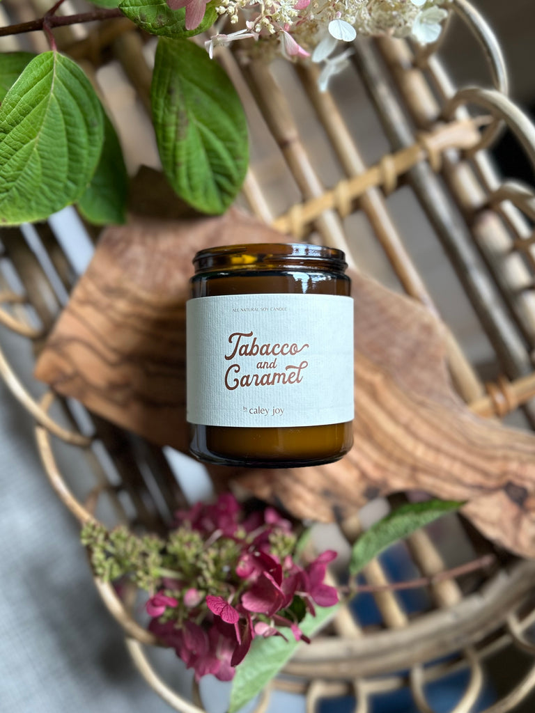 tobacco caramel candle & 8.5oz Soy tobacco leaf Tobacco Road scented 8 oz.